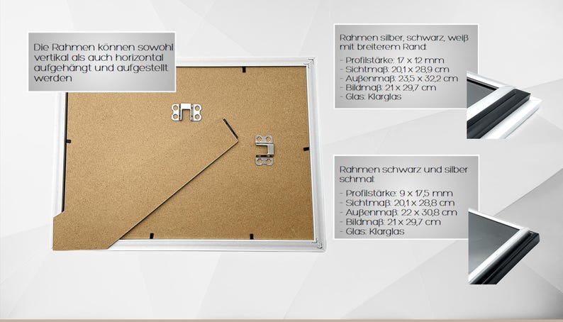 May include: A white picture frame with a black mat and a brown backing. The frame is 21 inches by 29.7 inches. The text on the frame reads: "Die Rahmen k&ouml;nnen sowohl vertikal als auch horizontal aufgeh&auml;ngt und aufgestellt werden."  The frame is available in silver, black, or white with a wide or narrow border.