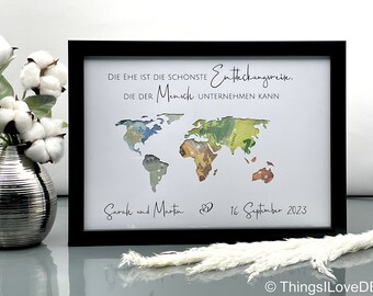 personalisiertes Hochzeitsgeschenk Weltkarte Entdeckungsreise | Geldgeschenk zur Hochzeit | besondere Geschenkidee zur Hochzeit