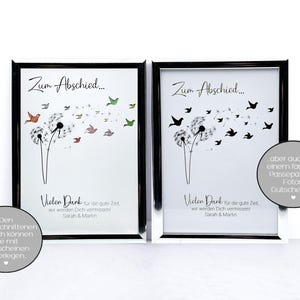 May include: Two silver picture frames with white mats and black text. The text in the frames reads "Zum Abschied..." and "Vielen Dank f&uuml;r die gute Zeit, wir werden Dich vermissen, Sarah & Martin". The frames feature a black and white illustration of two dandelions with birds flying away.