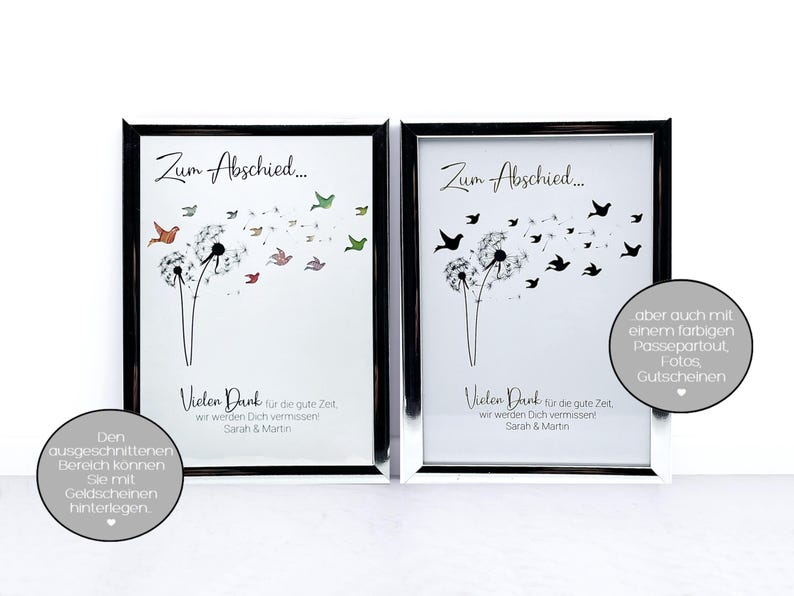 May include: Two silver picture frames with white mats and black text. The text in the frames reads "Zum Abschied..." and "Vielen Dank f&uuml;r die gute Zeit, wir werden Dich vermissen, Sarah & Martin". The frames feature a black and white illustration of two dandelions with birds flying away.