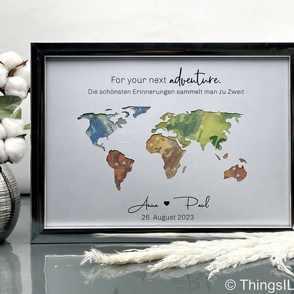 Wedding gift world map adventure personalized | money gift wedding | special gift idea for wedding | wedding gift money