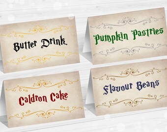 Editable Wizard Food Labels Magic Birthday Food Cards Tent, Printable table tent 4 Designs DIY Printable Card, Instant download - Corjl WI01