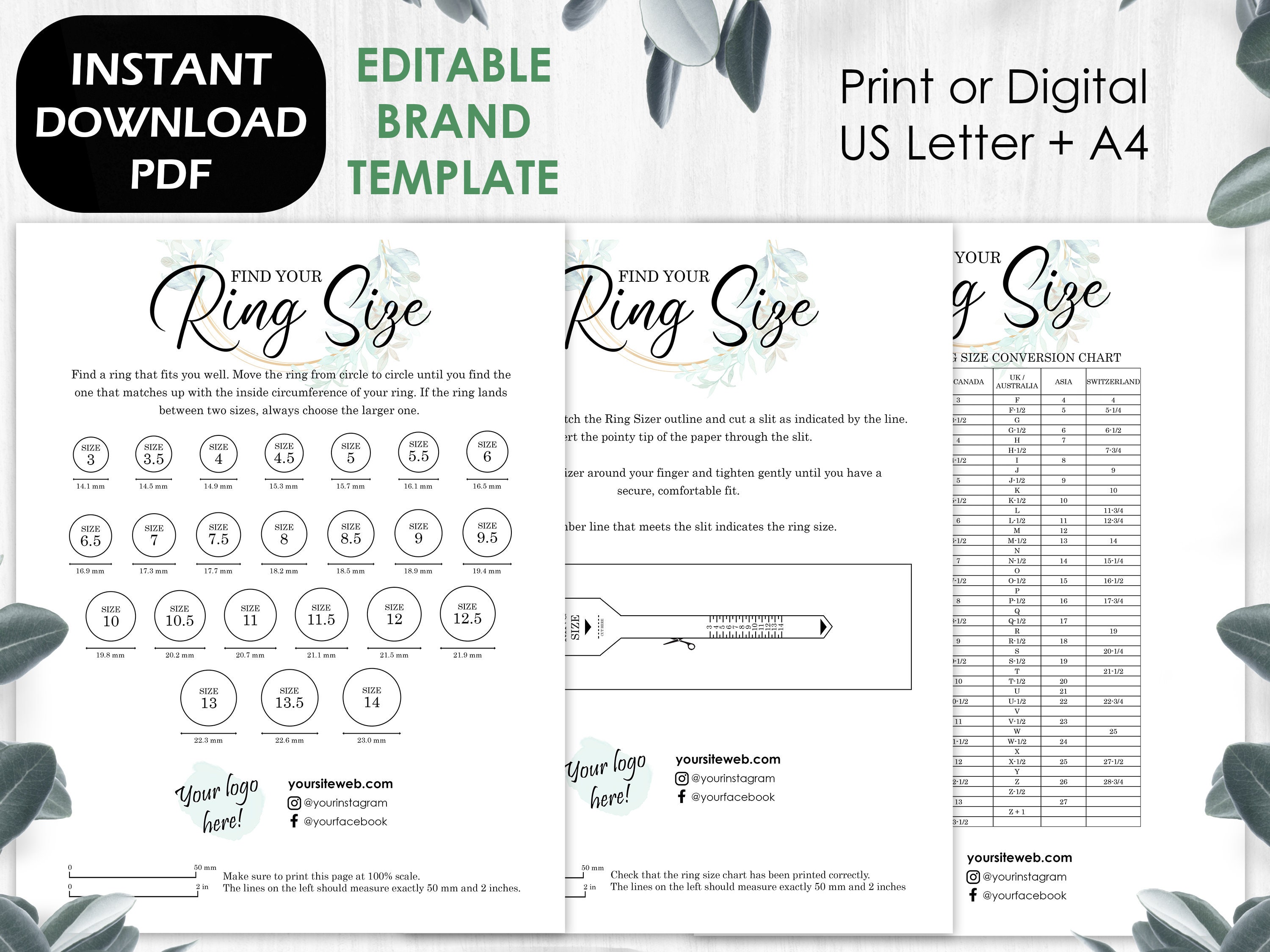 Printable Ring Sizer Accurate Ring Size Finder Measuring Tool International Ring  Size Chart Measure Finger Instant Download 