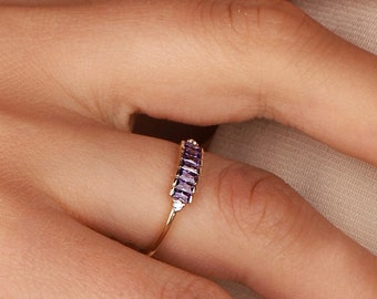 Amethyst Baguette Stone Ring, Purple Stone Ring, Minimal Ring, Dainty Amethyst Ring,  Rose Gold Amethyst Stone Ring,