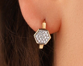 Honeycomb Hoop Earrings: 14K Gold Hexagon Gemstone Earrings