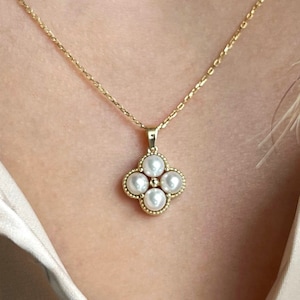 Pearl Clover Necklace, Four Leaf Clover Pendant, Pearl Pendant, Luck Necklace, 8K - 14K - 18K Solid Gold Pearl Jewelry, Four Pearl Pendant
