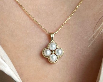 Pearl Clover Necklace, Four Leaf Clover Pendant, Pearl Pendant, Luck Necklace, 8K - 14K - 18K Solid Gold Pearl Jewelry, Four Pearl Pendant