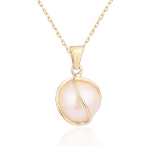 14K Cage Pearl Design Pendant, Gold Pearl Cage Pendant With Natural Pearl Pendant Cage Water Drop Spiral Design, Minimalist Pearl Pendant