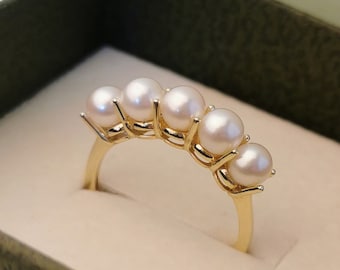 Gİft, Five Pearl Ring, 14K Gold Pearl Jewelry, Five Stone Ring, Salt Water Pearl, Natural Pearl Ring, Black, White Pearl, mother's day