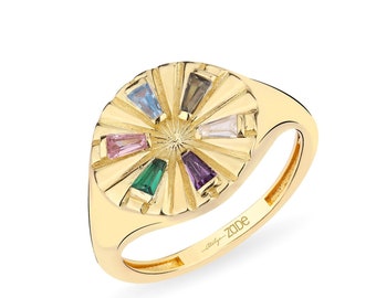 14K Gold Rainbow Baguette Signet Ring: Colorful Gemstone Stacking Ring