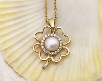 14K Gold Four Leaf Clover Pearl Necklace: Good Luck Pendant
