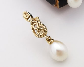 Gold Twisted Hoops Pearl Drop Earrings: 8K/14K/18K Gold Wedding Jewelry