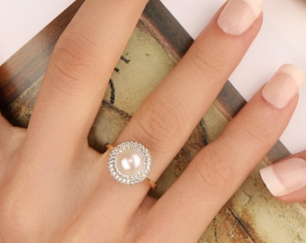Pearl Domed Full Tour Stone Gold Ring, Dome Ring, Natural Pearl and Triple Stones Halo Gold Ring, Pearl Engagement Ring with Diamond Halo