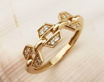 Gold Figaro Chain Ring: Zirconia Curb Link, Stackable