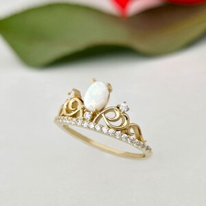 Opal Diamond Ring: 14K Gold Princess Crown Ring