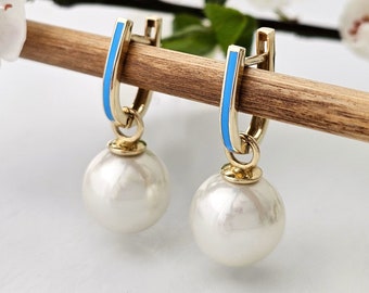 Gold Dangle Pearl Hoop Earrings with Enamel Detail