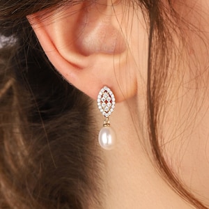 Drop Pearl Earrings, Gold Pearl Wedding Jewelry, Dangle Pearl Earrings, Handmade Pearl Earrings, Teardrop Pearl Earrings, Diamond Earring