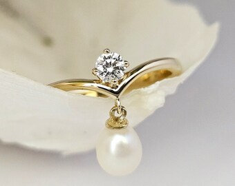 Dangle Pearl Ring: 925 Sterling Silver Ring, June Birthstone