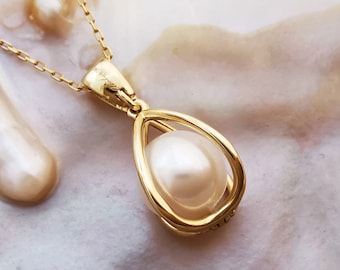 14K Gold Pearl Cage Pendant- Round Cage Pearl Necklace - Black Pearl Cage Pendant 8K Yellow Gold Cultured Pearl Pendant,