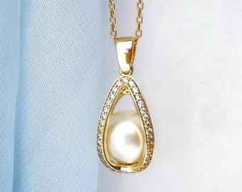 A Real Pearl in a Golden Cage, Diamond Gold Single Pearl Necklace, Cage Pearl Pendant, Anniversary Gift, White Pearl Pendantmother's day