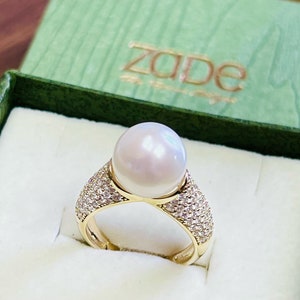 Großer Perlenring für Frauen, 14K Gelbgold Perlenring, extravagante Mutterring, Verlobungsring, Einzigartige Perle Statement Ring