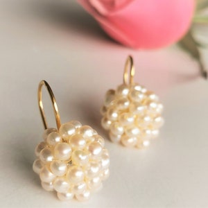 Natural Pearl Cluster Pearl Earrings, Drop Multi Pearl Earrings, Freshwater Pearl Earrings, Victorian Pearl Earrings, Wedding Gold Jewelry