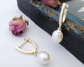 14K Gold Drop Pearl Earrings: Bridal Dangling Pearl Jewelry