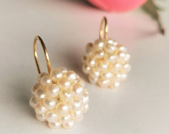 Freshwater Pearl Cluster Earrings: 8K Gold Wedding Jewelry