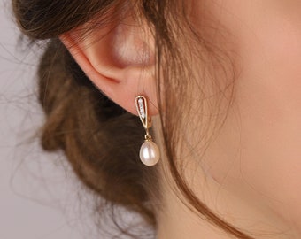 Dangling Pearl Hoop Earrings, Drop Pearl Earring, Diamond Earring, Gold Pearl Jewelry, Bridesmaid Earrings Gold Pearl Dangle Hoop Earrings