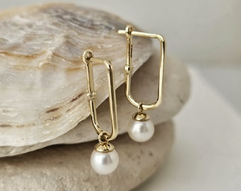 Pearl Dangle Hoop Earrings: 14K Gold Bridal Jewelry