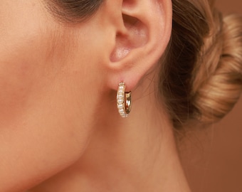 Pearl Hoop Earrings by WorkshopZADE. Women&#39;s 14 Carat Gold Earrings,  Freshwater Pearl Earrings, Pearl Jewelry