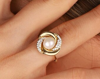 925 Silver Rose Twist Pearl Ring: Dainty Double Band