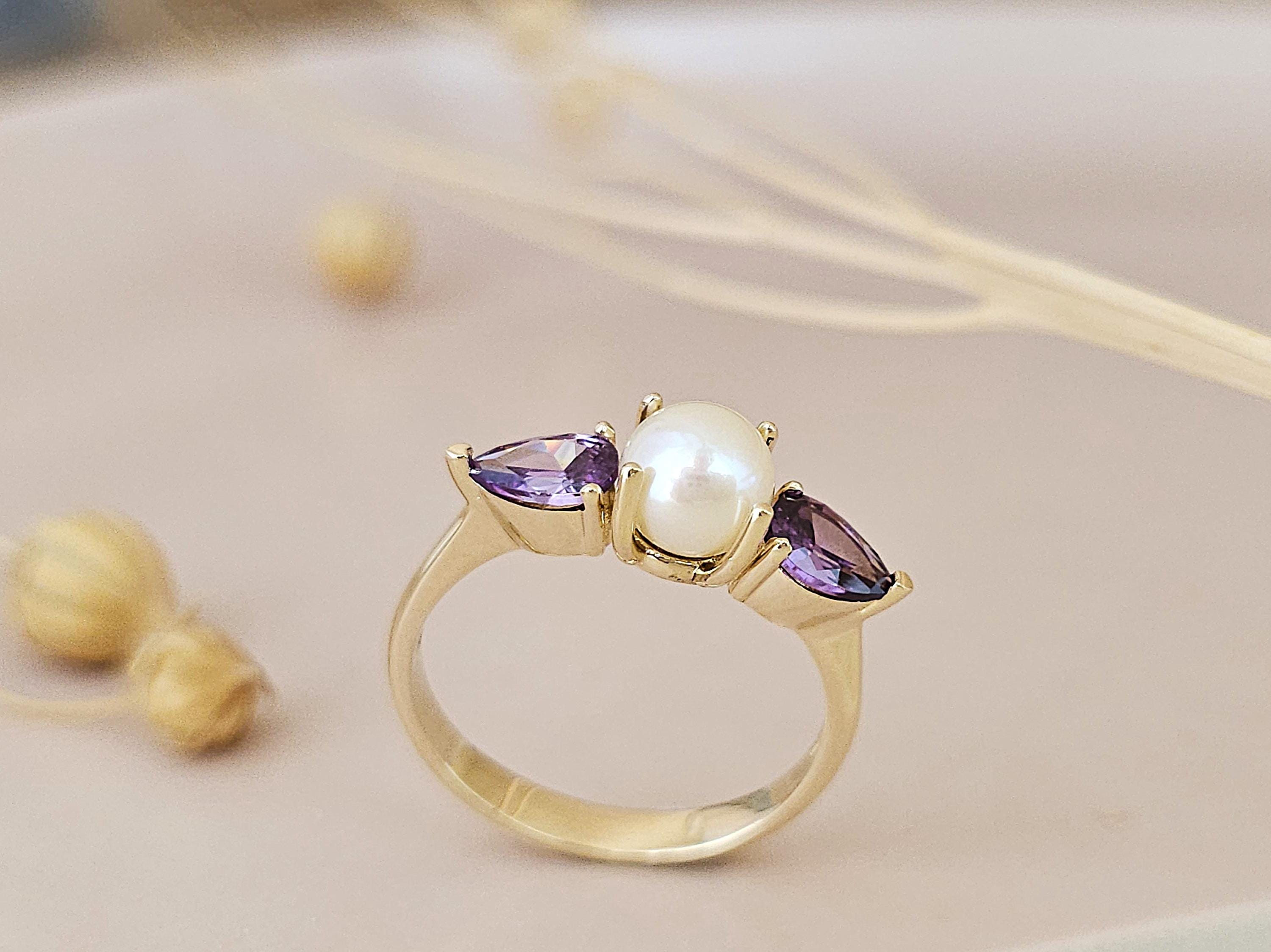 14K ゴールド アメジスト パール リング 14Kゴールドのアメジスト＆パールリング：繊細な誕生石ジュエリー