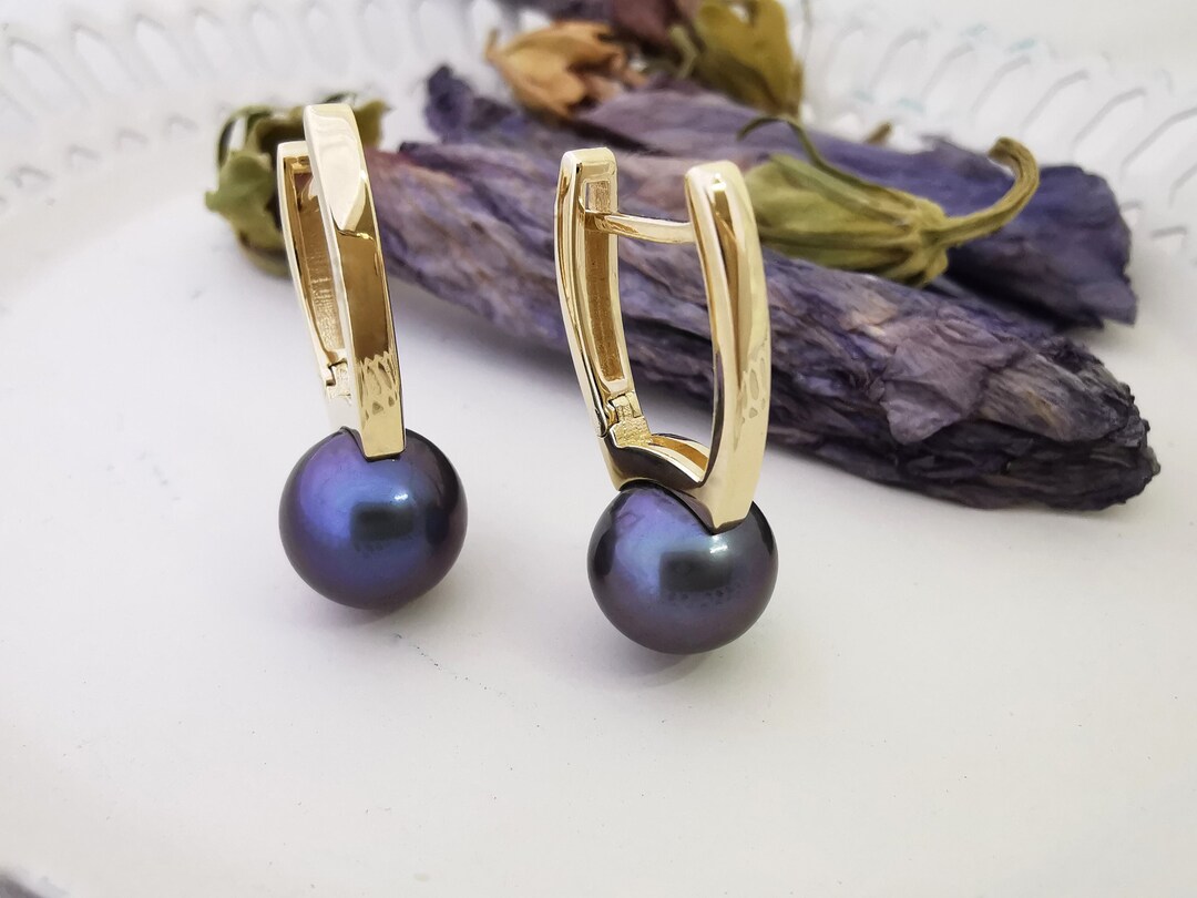 Black Pearl Earrings English Lock Earrings Freshwater Black Etsy