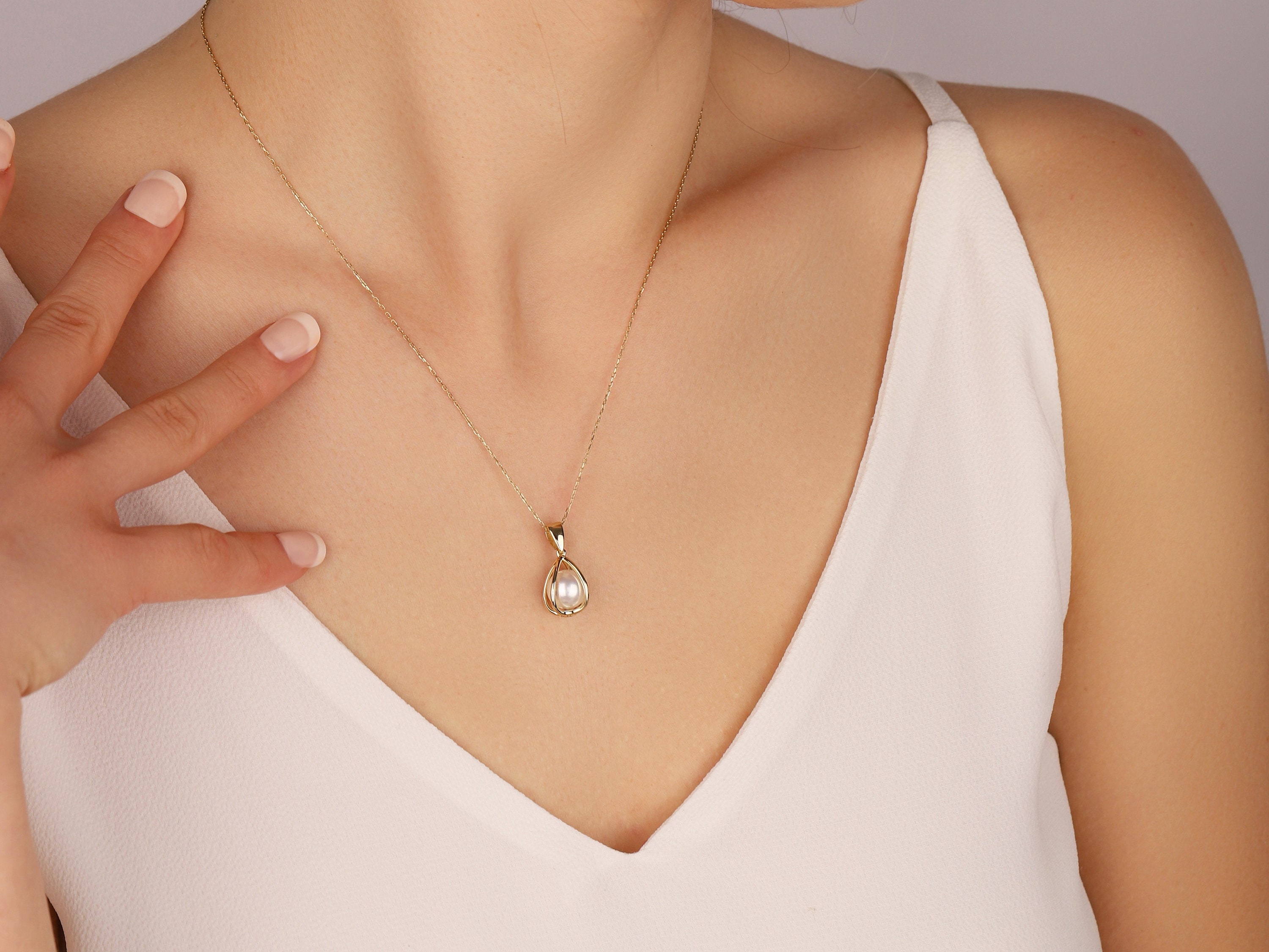 14K Gold Pearl Cage Pendant- Round Cage Pearl Necklace