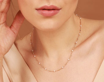 Dainty 14K Solid Gold Pearl Ball Chain Necklace - Minimalist Freshwater Jewelry