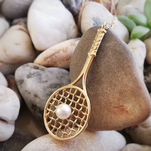 14K Solid Gold Tennis Racket Necklace: Pearl Ball Pendant - Etsy