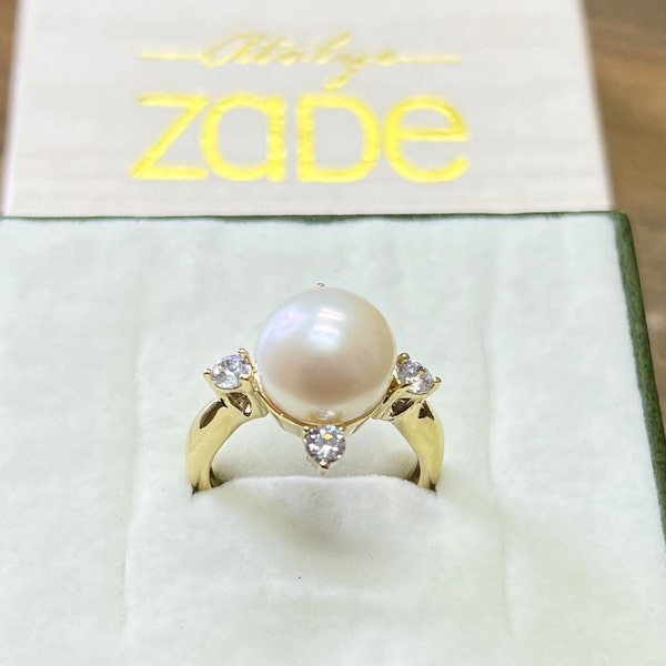Compass Pearl Ring, Unique Pearl Gold Ring, Single Pearl Ring, Anniversary Gift for Your Wife, North Flashy Starburst Ring in 14k White Gold