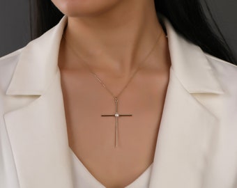 14K Gold Cross Necklace: Real Pearl Religious Pendant