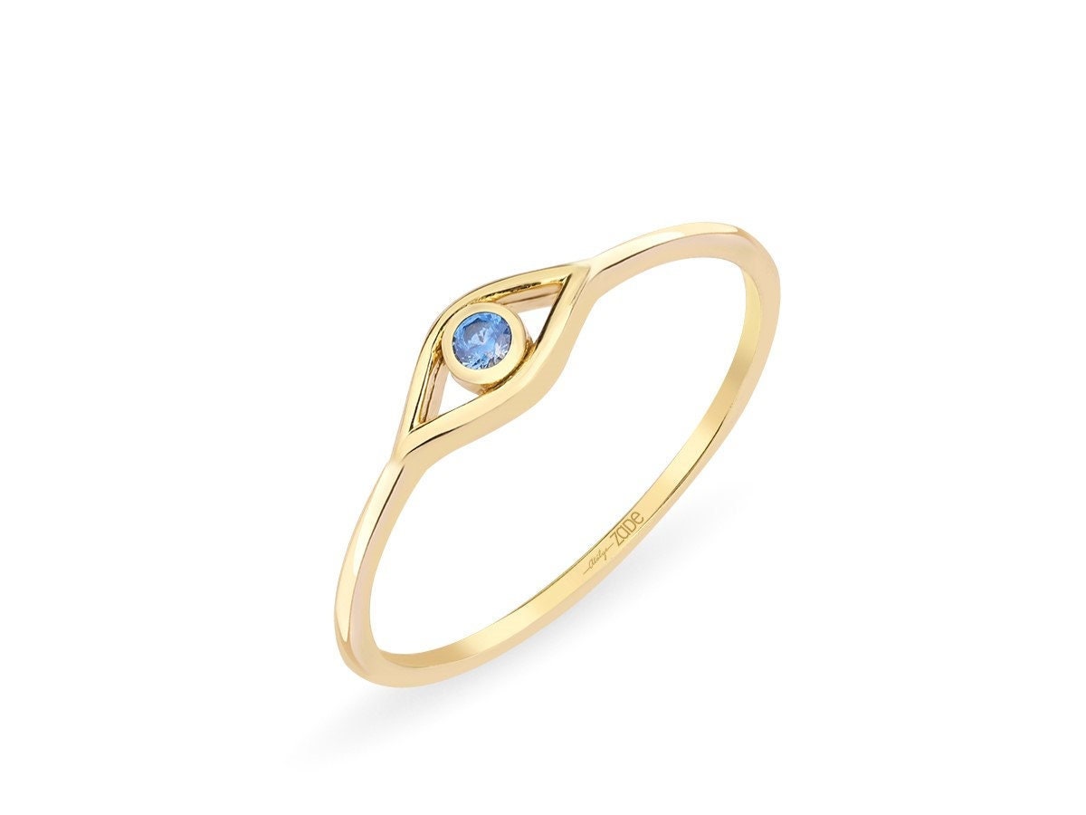 Blue Evil Eye Ring Gold, Dainty Evil Eye Gold Ring, Everyday Ring, s for Her Ring, 14K Gold, Minimalist Evil Eye,