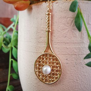 14K Solid Gold Tennis Racket Necklace: Pearl Ball Pendant - Etsy