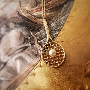 14K Solid Gold Tennis Racket Necklace: Pearl Ball Pendant - Etsy