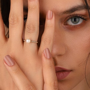 Pearl Ring By WorkshopZADE, Gold Dainty Pearl Ring, Pearl Jewelry, Gold Stacking Ring, Thin Gold Band, White Pearl Ring, 9 mm Pearl