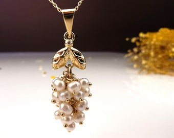 Gold Grape Cluster Pearl Necklace: 8K/14K/18K Gold Pendant