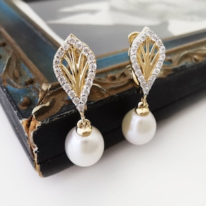 Dangling Drop Pearl Earrings by WorkshopZADE. Diamond Earrings, Gold Pearl Jewelry, Gold Pearl Dangle Earring, Bridal Earrings, Hoop Earring