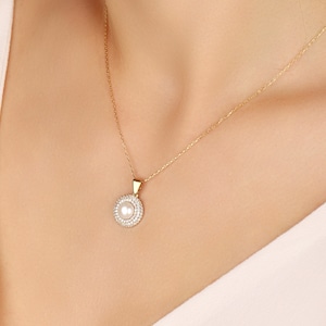 Pearl Gold Necklace, Diamond Pearl Necklace, Pearl Pendant, 14K Gold Pearl jewelry, Freshwater Pearl, Bridesmaid jewelry,