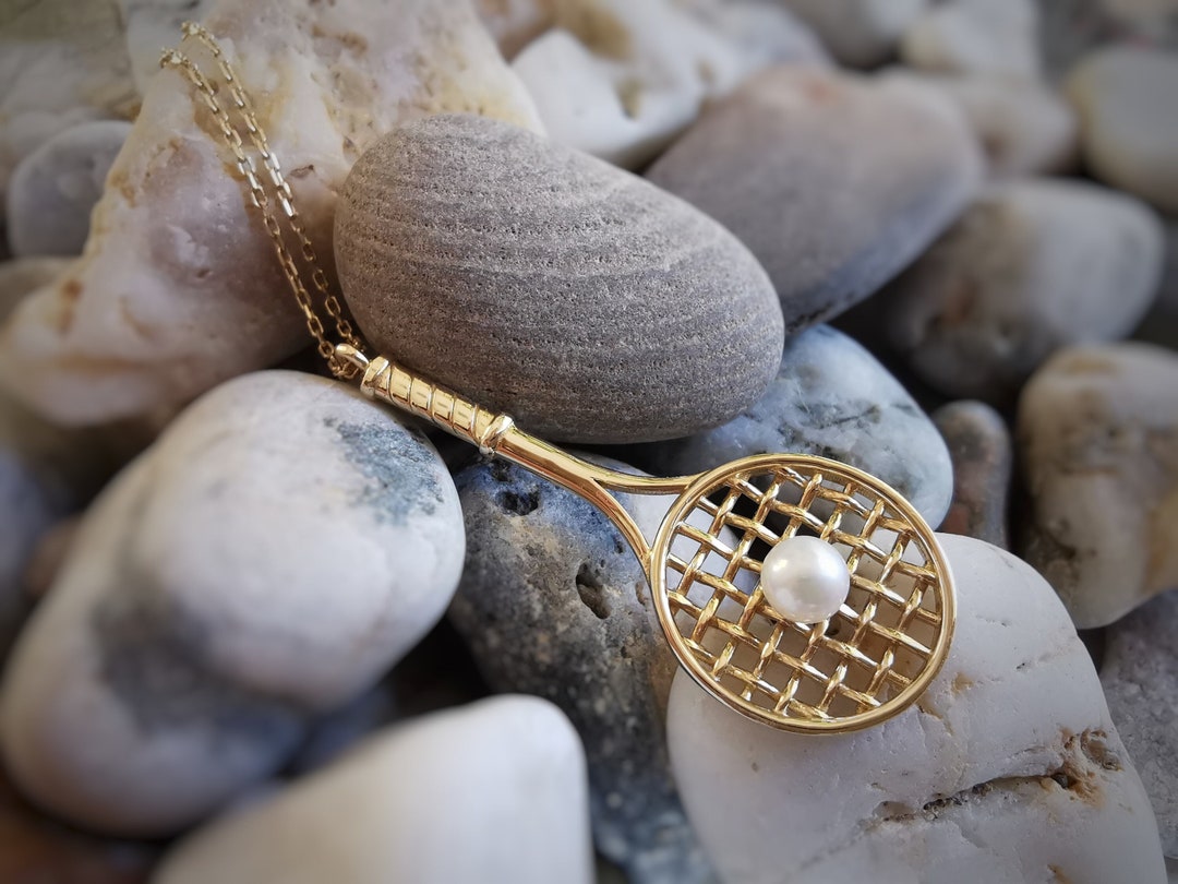 14K Solid Gold Tennis Racket Necklace: Pearl Ball Pendant - Etsy