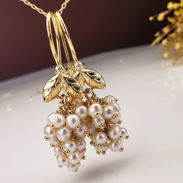 Grape Pearl Earrings in 14K Gold, Vintage Pearl Drop Earrings, Pearl Wedding Earring, White Pearl Jewelry, Victorian Earring, Bridal Earring