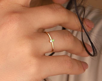Two Stone 14K Gold Ring: Diamond & Peridot Minimalist Band