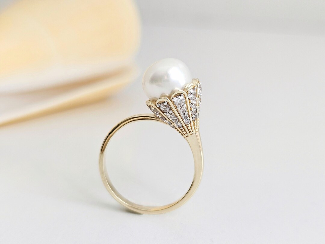 Unique Pearl Rings Vintage Pearl Ring: 14K Gold, Unique Design - Etsy